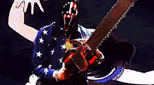 a man in a mask is holding a chainsaw in front of a woman