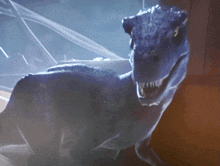a close up of a dinosaur with its mouth open and its teeth visible
