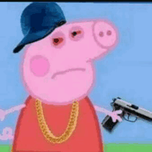 peppa pig is wearing a hat , chain , and holding a gun .