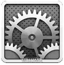 a black and white icon of a gear on a gray background .