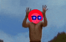 a person is flying through the air with a pink face on their head