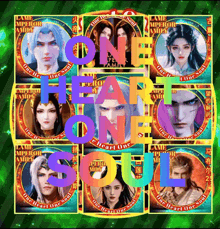 a poster for one heart one soul has a rainbow colored background