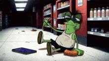 a cartoon frog is sitting on the floor in a store eating a sausage .