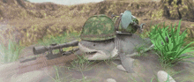 a shark is wearing a helmet and holding a sniper rifle while laying in the grass ..