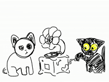 a black and white drawing of two cats playing a record player