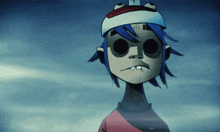 a cartoon character with blue hair and a bandana around his head