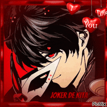 a picture of joker de kita with red hearts hanging around him