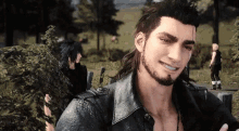 a man with a beard is smiling in a video game while standing in a field .