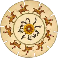 a drawing of a man riding a horse in a circle with the letters k.d. on the bottom right