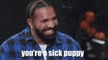 a man in a raptors jersey is holding a glass of wine and says " you 're a sick puppy "