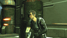 a man in a futuristic suit with the letter l on his chest