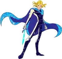 a cartoon character is holding a sword and a blue cape