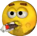 a yellow smiley face is smoking a cigarette with a red lighter in its mouth .
