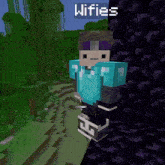 a minecraft character with a blue shirt and purple sunglasses is standing in a jungle .