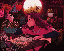 a drawing of a girl sitting at a table with a book open to a page that says ' tarot '