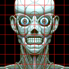 a pixel art drawing of a robot 's face with grid lines around it .