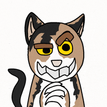 a cartoon drawing of a calico cat with a very angry look on its face