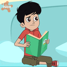 a cartoon boy is reading a book with a nick logo in the background
