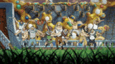 a group of people holding swords in a cartoon scene