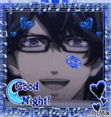a picture of a man with glasses and a kiss on his cheek says good night