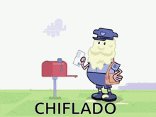 a cartoon of a man holding a mailbox and the word chiflado below him