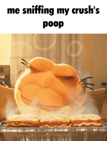 a cartoon of a cat sniffing a tray of food with the caption me sniffing my crush 's poop