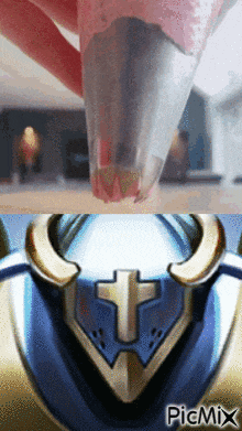 a picture of a person holding a pastry bag next to a picture of a cross on a shield with picmix