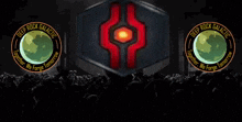 a group of people standing in front of a sign that says " deep rock galactic "