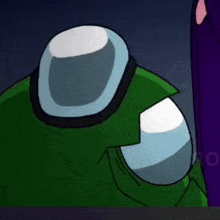 a green among us character with a helmet on his head