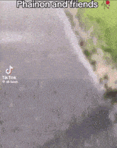 a person walking down a road with the words phainon and friends written on the bottom