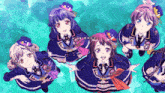 a group of anime girls are standing in a circle with their arms outstretched