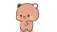 a cartoon teddy bear is standing on a white background and looking at the camera .