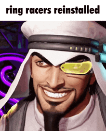 a man wearing a white hat and yellow glasses with the words ring racers reinstalled on the bottom
