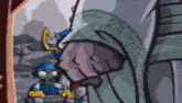 a blurry picture of a cartoon character standing next to another character .
