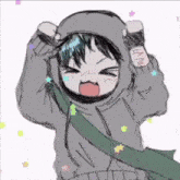 a drawing of a person wearing a hoodie and a green strap