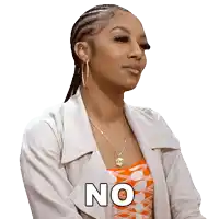 a woman wearing a white jacket and an orange top says no