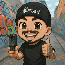 a cartoon of a man wearing a black beanie that says blazzard