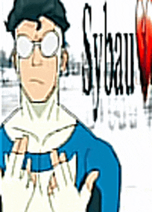 a cartoon of a man wearing glasses and a blue shirt is standing in front of a red heart .