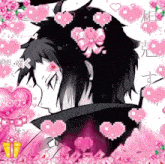 a black and white drawing of a girl with a bow in her hair surrounded by pink hearts and roses .