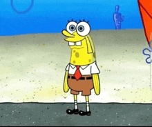 a cartoon character named spongebob wearing a tie and shorts