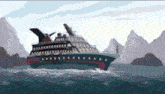 a cruise ship is floating on top of a body of water surrounded by mountains .