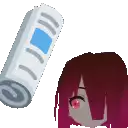 a girl with red hair is standing next to a remote control .