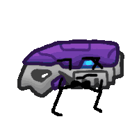 a pixel art drawing of a purple and gray object with a face and arms .