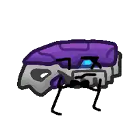 a pixel art drawing of a purple and gray object with a face and arms .