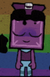 a cartoon character with a purple box on his head is standing on a rainbow background with his eyes closed .