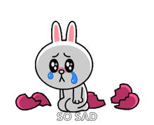 a cartoon rabbit is crying and surrounded by broken hearts and the word so sad