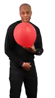 a man in a black shirt holds a red balloon in his hands