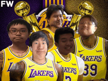 a group of young men wearing lakers jerseys pose for a picture