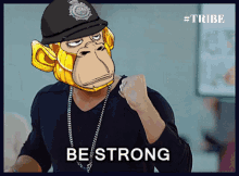 a man wearing a monkey mask and a police hat with the word bestrong on the bottom
