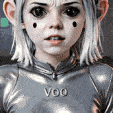 a young girl with black spots on her face is wearing a silver outfit with the word voo on it